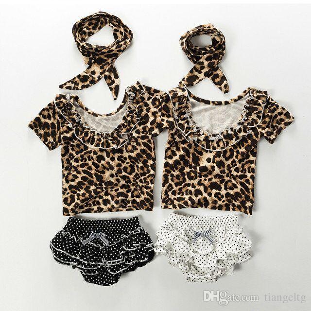 Baby Girls Three-piece Leopard Backless Lotus Collar Short T-shirt Dots Multi-storey Triangle Bread Shorts Headband Toddler Clothing Sets